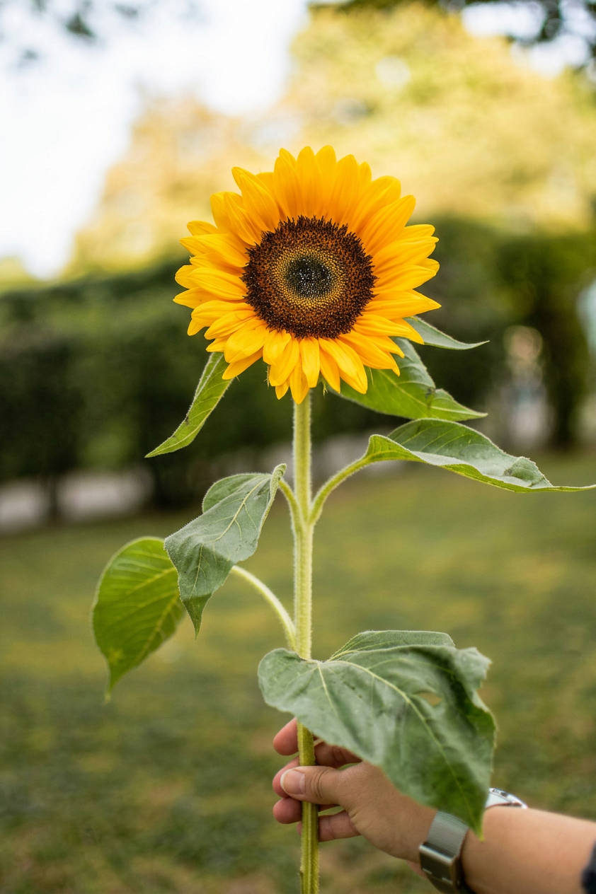 sunflower-yellow-flower-hand- Hand holding a single Sunflower flower stem