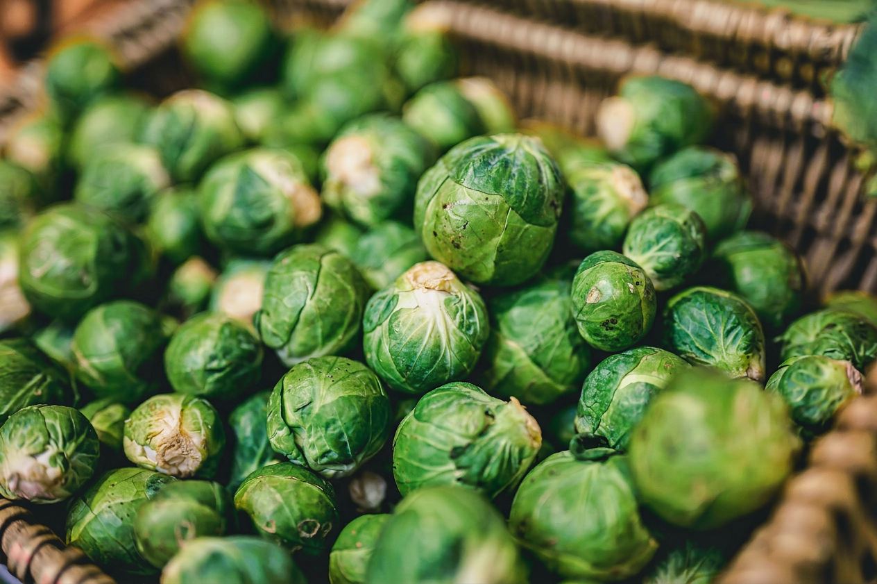Brussel sprouts harvested in wicker cane basket