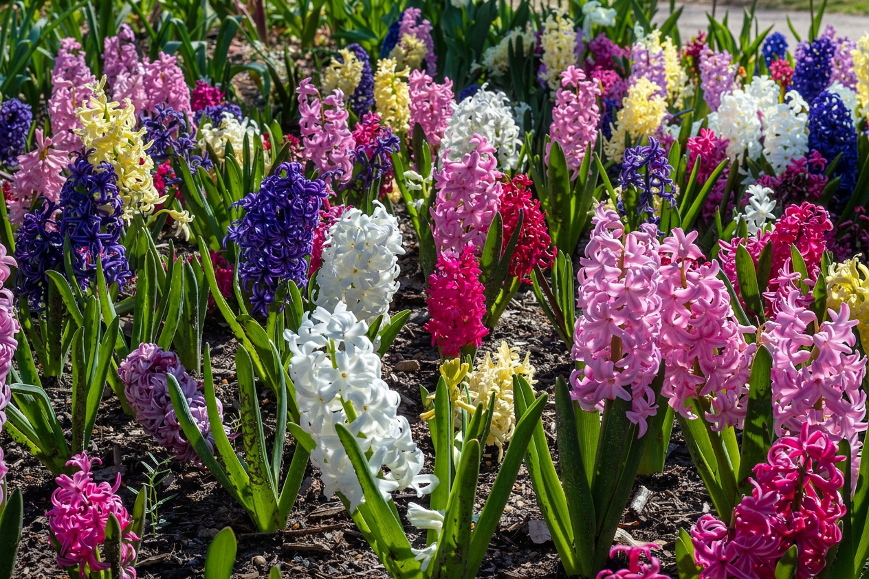 Hyacinth planted in the ground mixed colours
