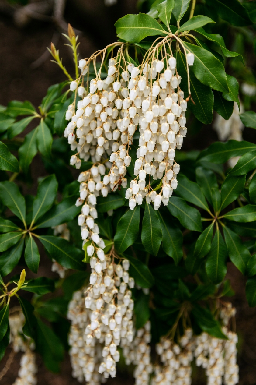 Japanese pieris white cascading flowers