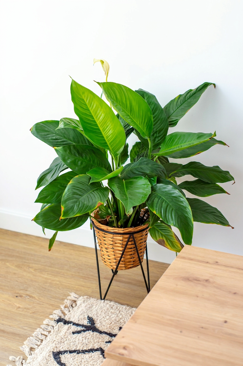 Peace Lily in cane wicker pot indoors on stand