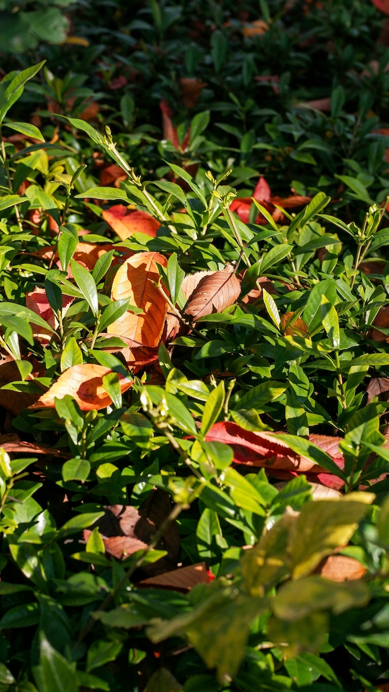 Gardenia radicans leaves groundcover with autumn leaves