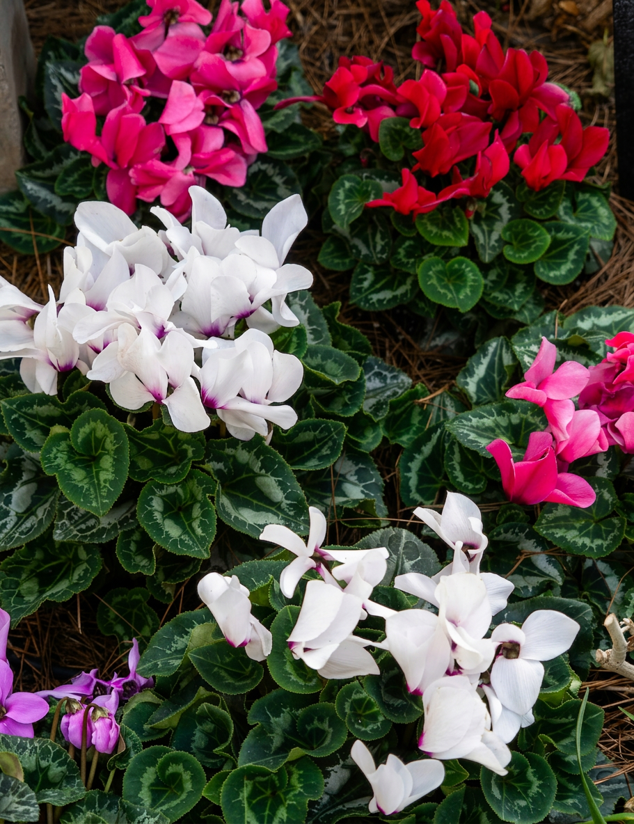 Cyclamens flowering white, red, pink with pine needle mulch
