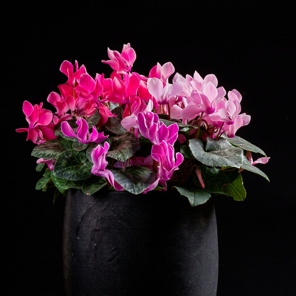 Cyclamen mix of pink flowers in black pot with black background