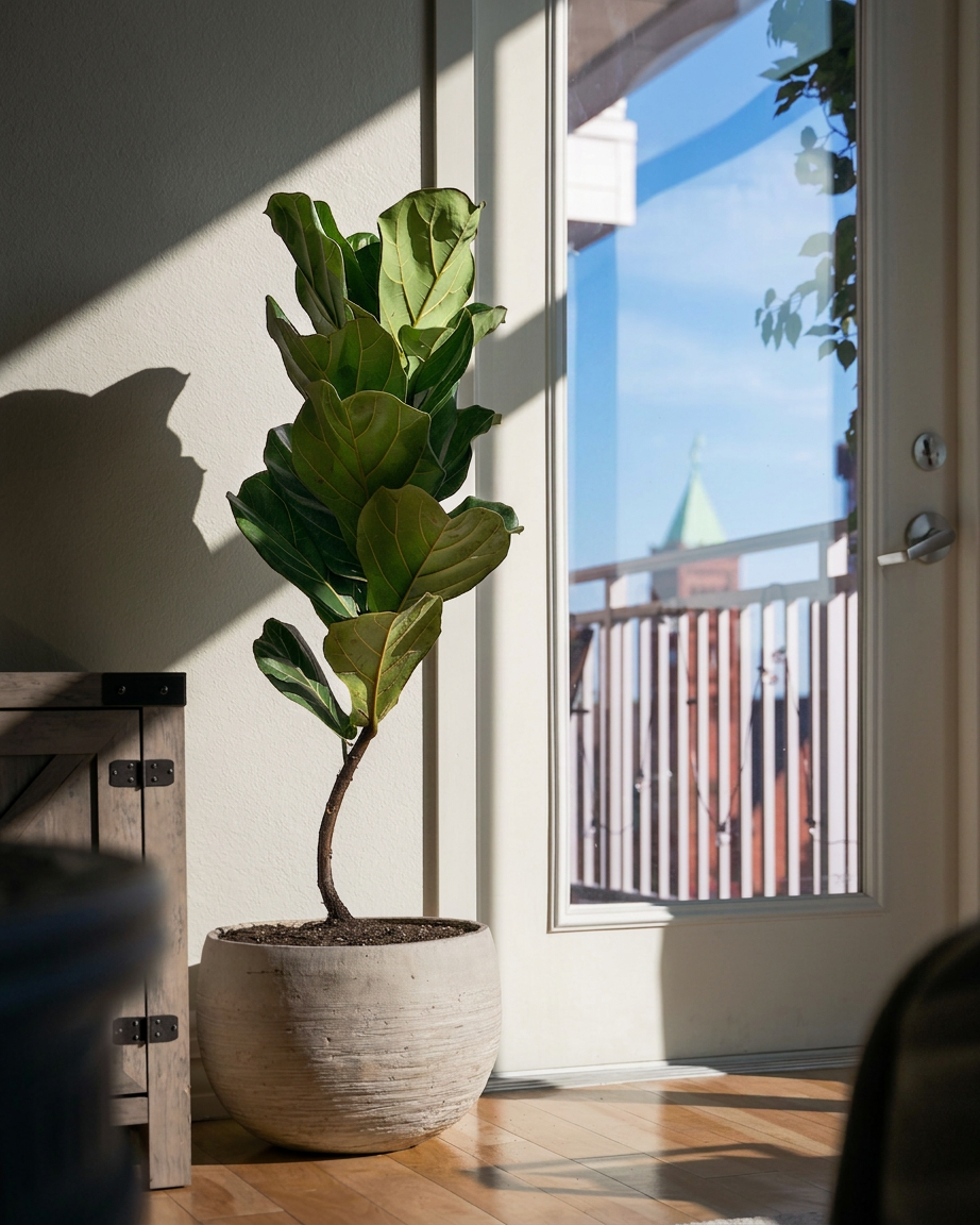 Fiddle leaf fig in round pot indoors near glass door