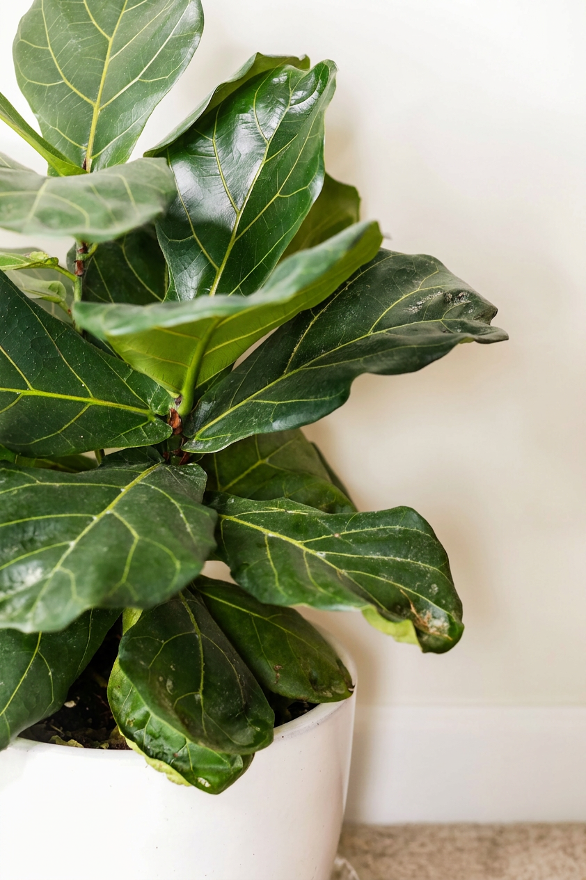 Fiddle leaf fig in white pot and white background