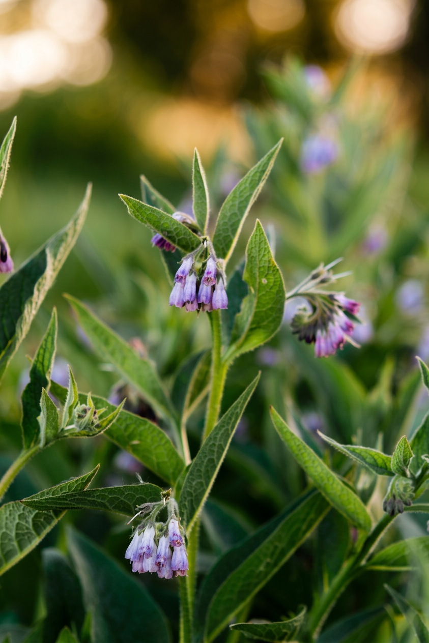 comfrey plant flowering with leaves